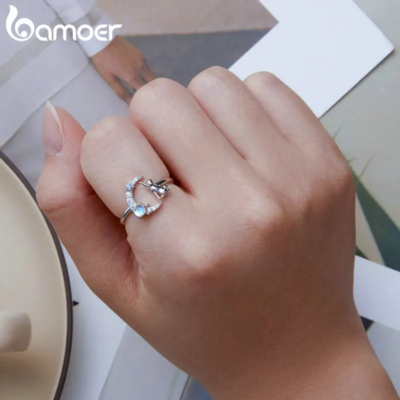 Bamoer-Anillo de Plata de Ley 925 con forma de luna y gato para mujer, sortija ajustable, con apertura de Animal, piedra lunar, regalo de cumpleaños, BSR315