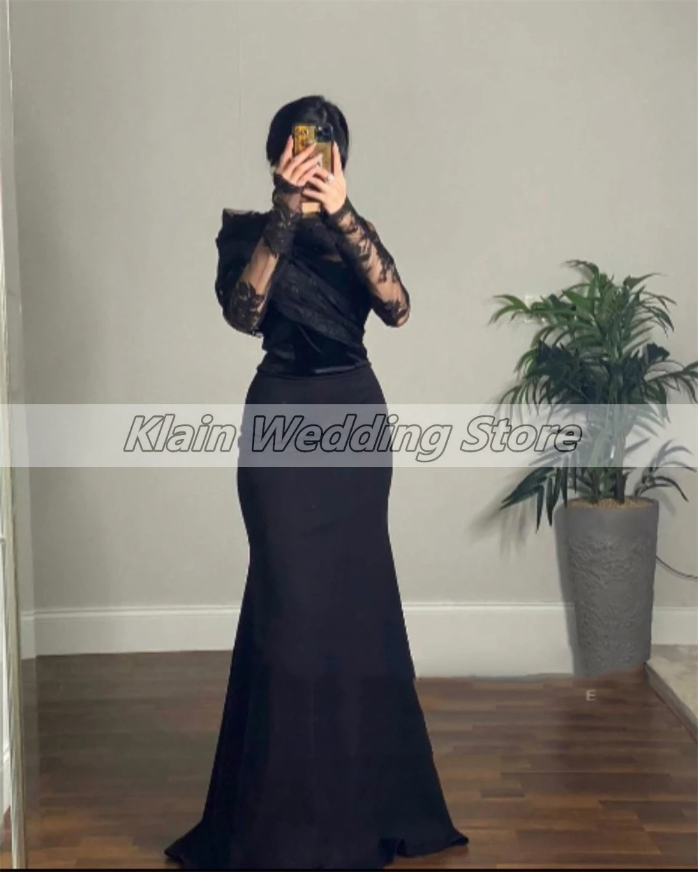 Customized Temperament Black Prom Gown Long Sleeve Lace Sexy Mermaid Dress Pleat Evening Dresses For Women فساتين للحفلات الراقص