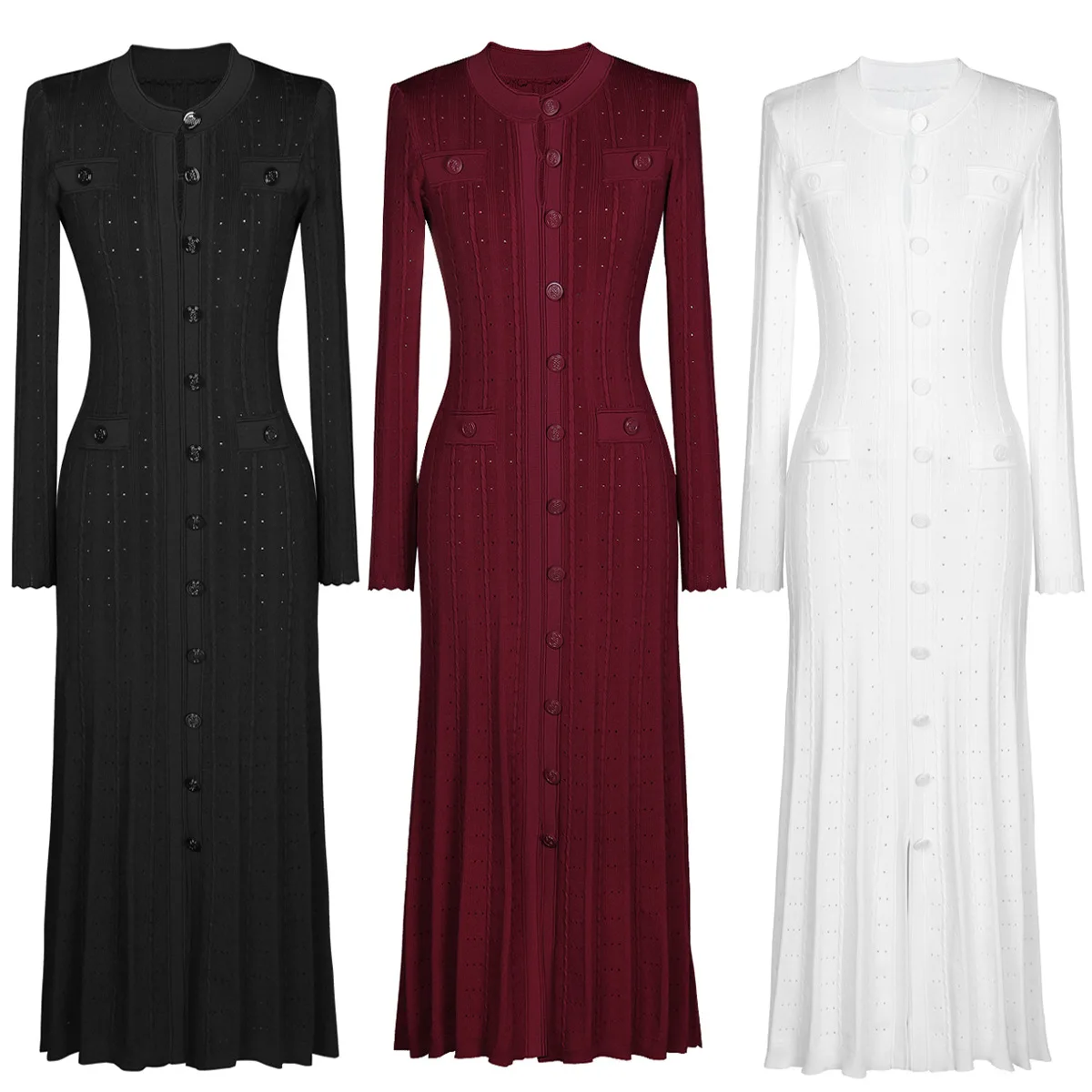 customized High quality spot fashionable knitted round neck slim fit long sleeved dress for women