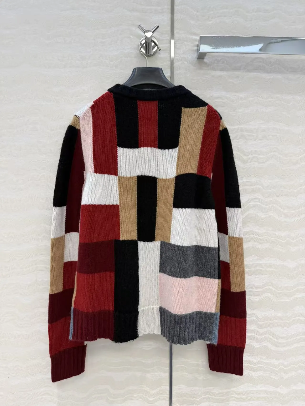 Early autumn new block color blocking college style round neck long sleeved cashmere cardigan jacket women's top