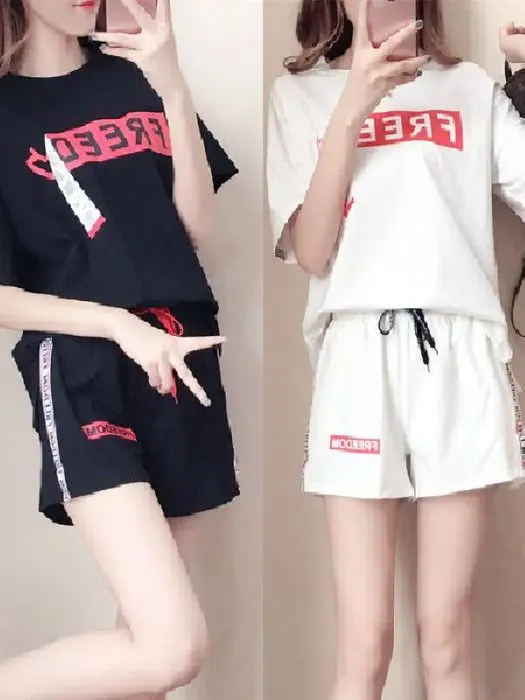 

Casual Sportswear Set Women's New Style Korean Fashion Slimming Short Sleeve Shorts Two Piece Set Trendy Ins Spring Summer