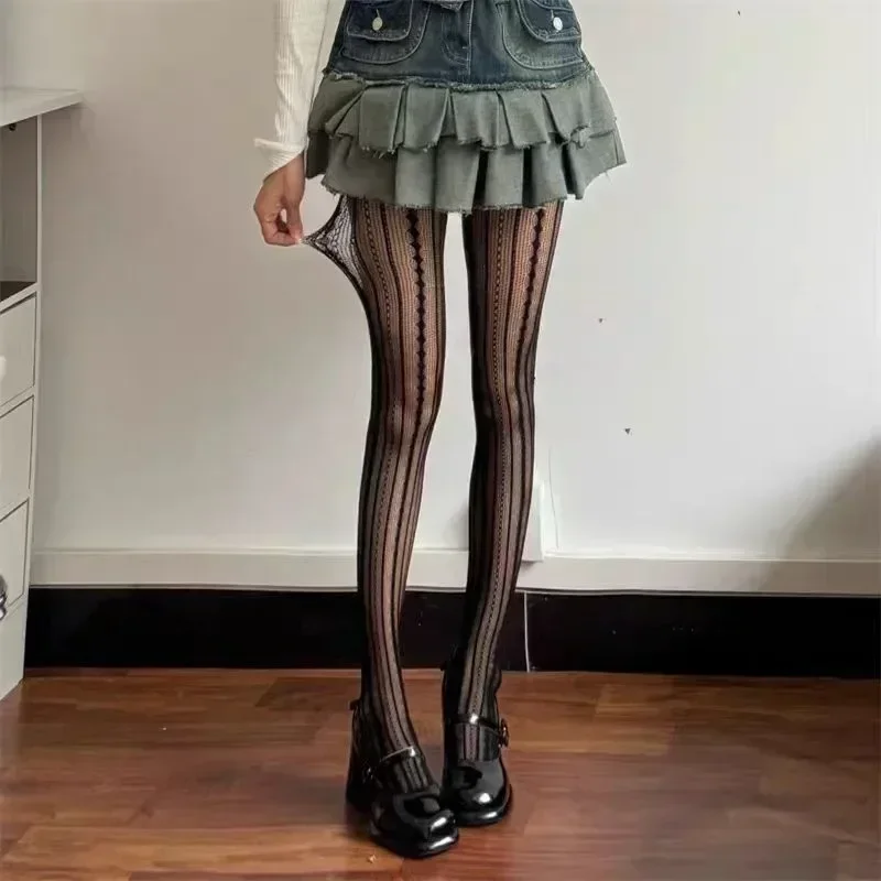 Damen-Netzstrümpfe aus Spitze, Lolita, ausgehöhlt, einfarbig, JK, japanischer Stil, hohe Taille, Vintage-Rhombu-gestreifte Strumpfhose, 1/2 Stück