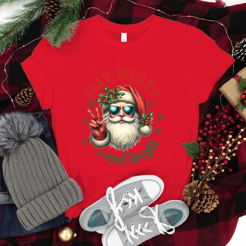 Funny Christmas Santa Claus Stay Merry And Bright Print T-Shirt Summer Letter Print T Shirt Women Men Short Sleeve Loose Shirts