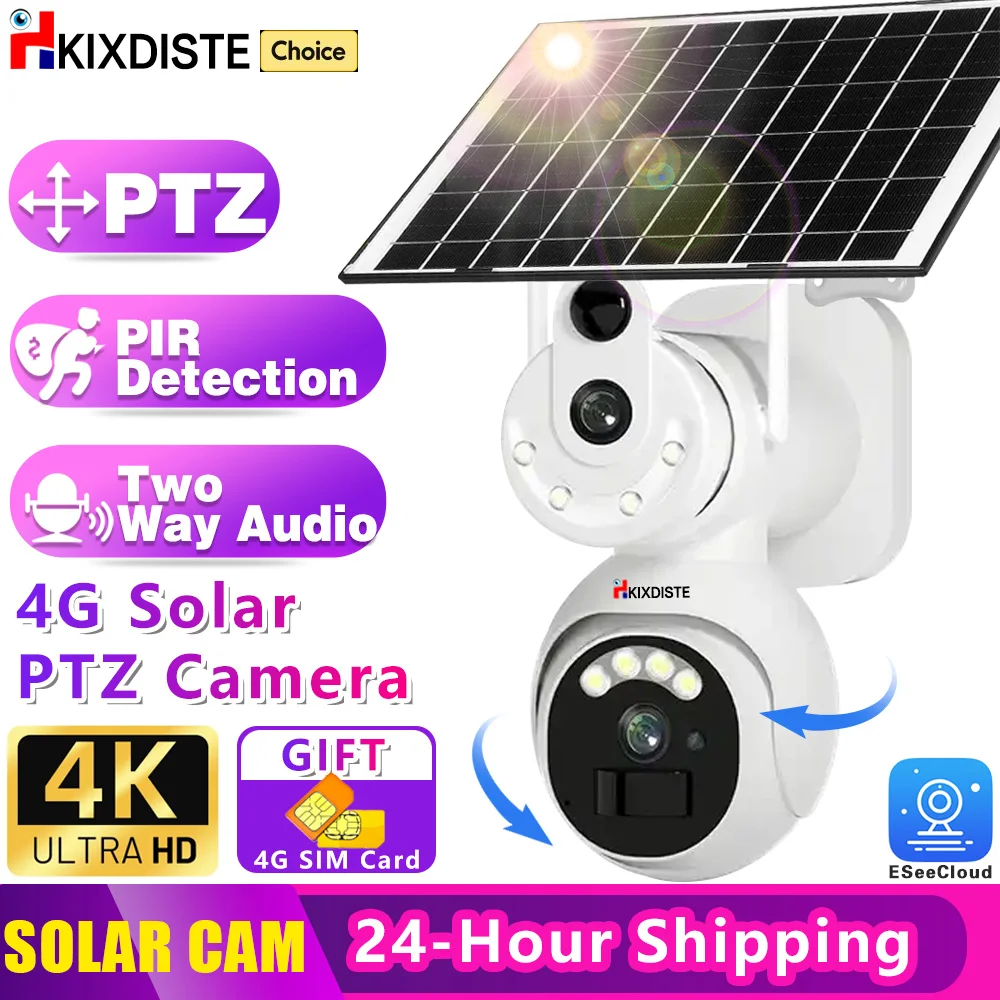 ESeeCloud Dual Lens 4G Sim Camera Solar Panel Outdoor Low Powered Color NightVision PIR Alarm Two Way Audio Solar CCTV IP Camera