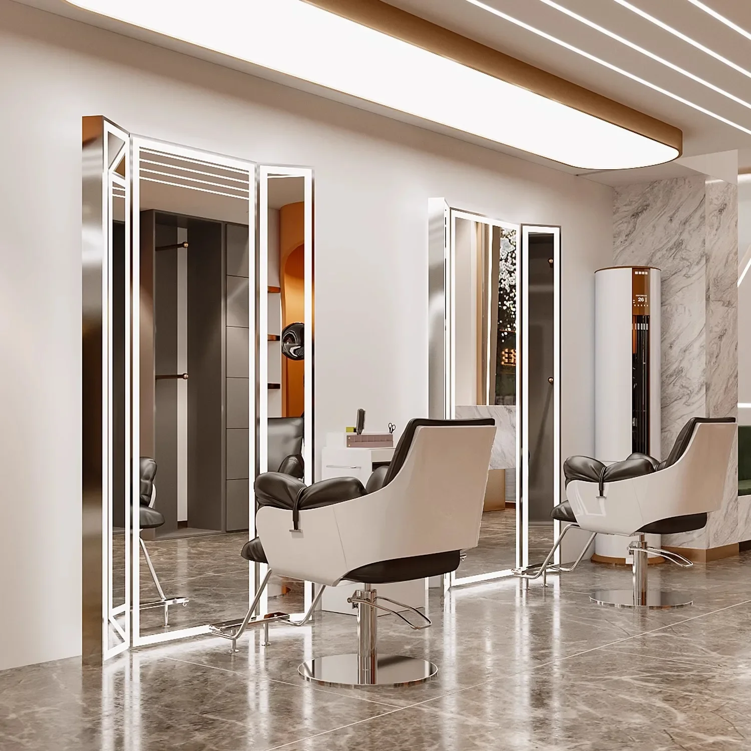 High-end triple mirror hairdressing shop floor-to-ceiling double-sided mirror special haircut mirror
