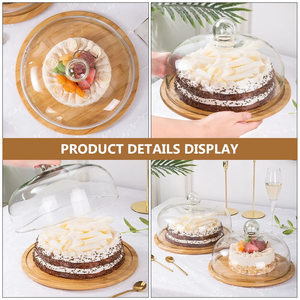 1 Juego de plato de madera para exhibición de pasteles con tapa de vidrio, soporte para alimentos de gran capacidad, suministro para fiestas, ensaladera, bandeja decorativa, soporte para Buffet