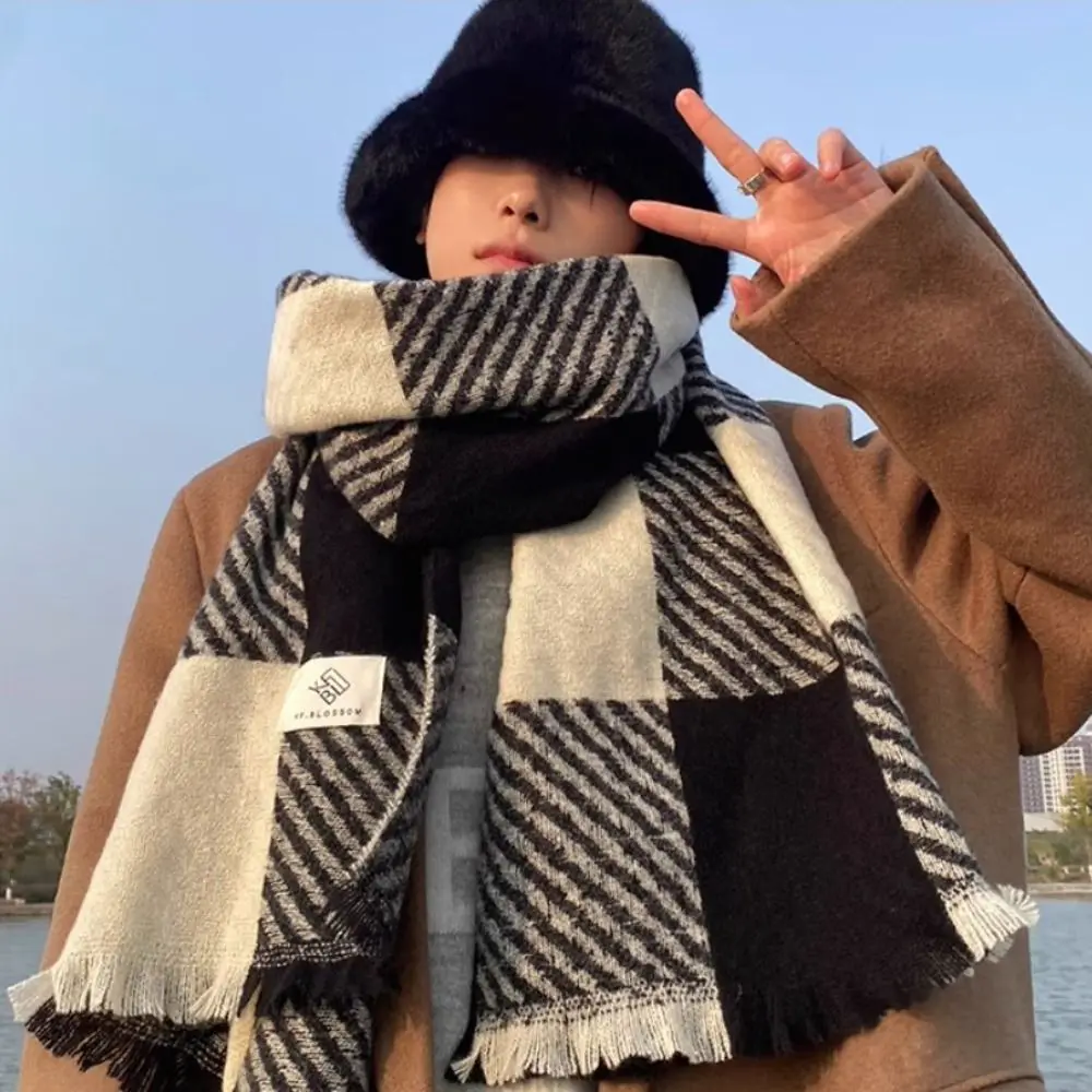 

High Quality Korean Striped Plaid Scarf Thicken Casual Winter Men's Scarf Warm Long Checkered Scarf Gifts