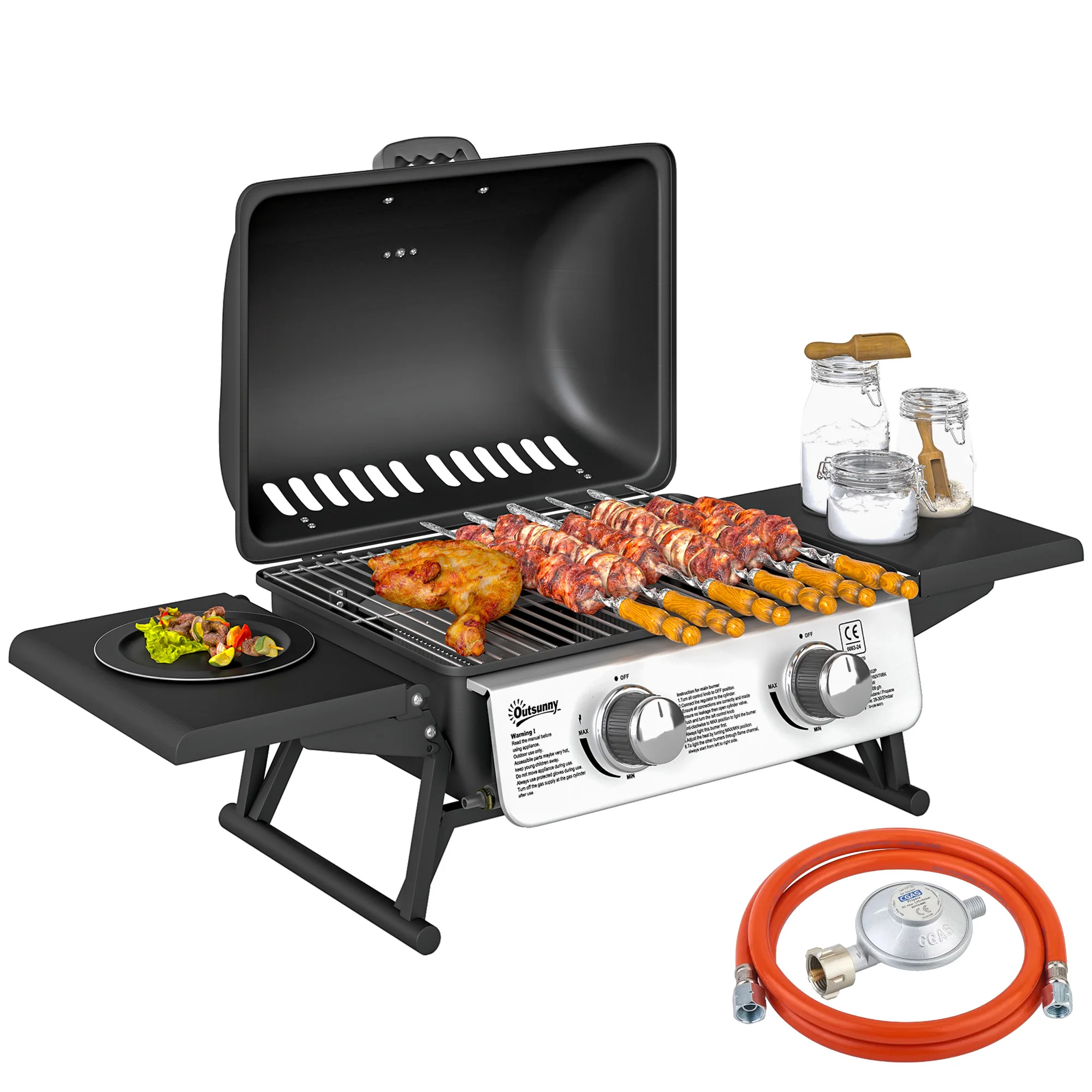 Outsunny Barbacoa de Gas con 2 Quemadores de Acero Inoxidable 2,8 KW con Estantes
