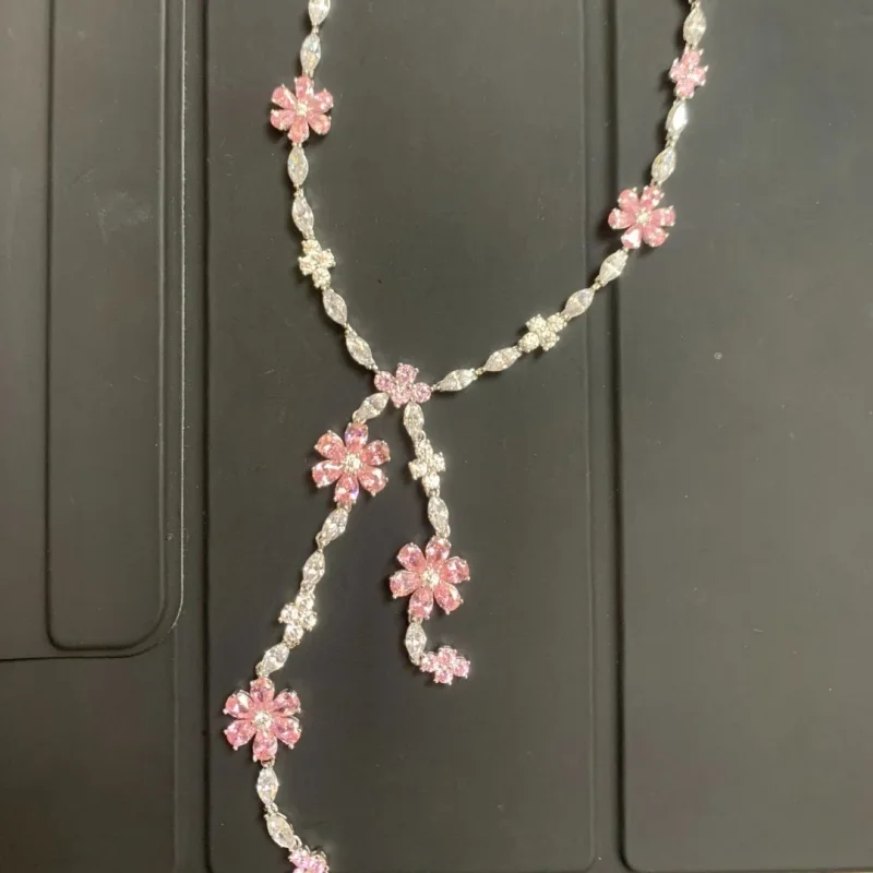 Bellux High Quality 925 Sterling Silver Pink Flower Zirconia Gemstones Necklace For Women Party Wedding Fine Jewelry Wholesale