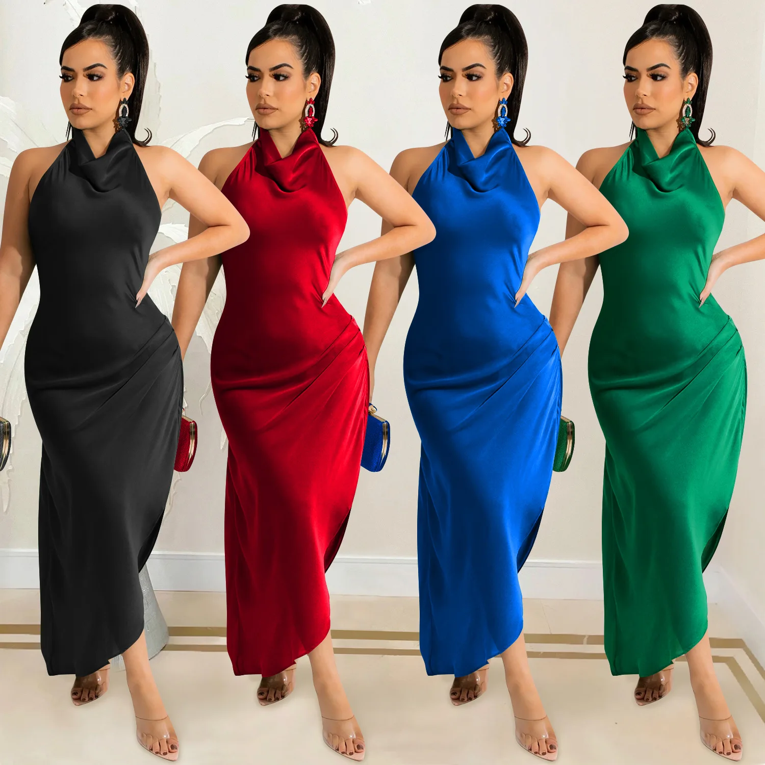Ropa de mujer elegante y sexy de color sólido vestido largo sin espalda con abertura irregular temperamento de gama alta elegante nuevo para mujer