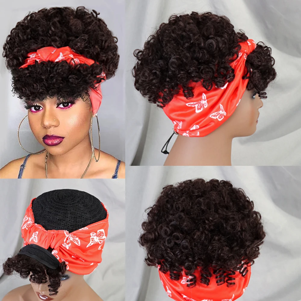 Short Curly Headband Wig Human Hair Brazilian Remy Kinky Curly Human Hair Headband Wigs for Women Full Machine Made Non Lace Wig image 2