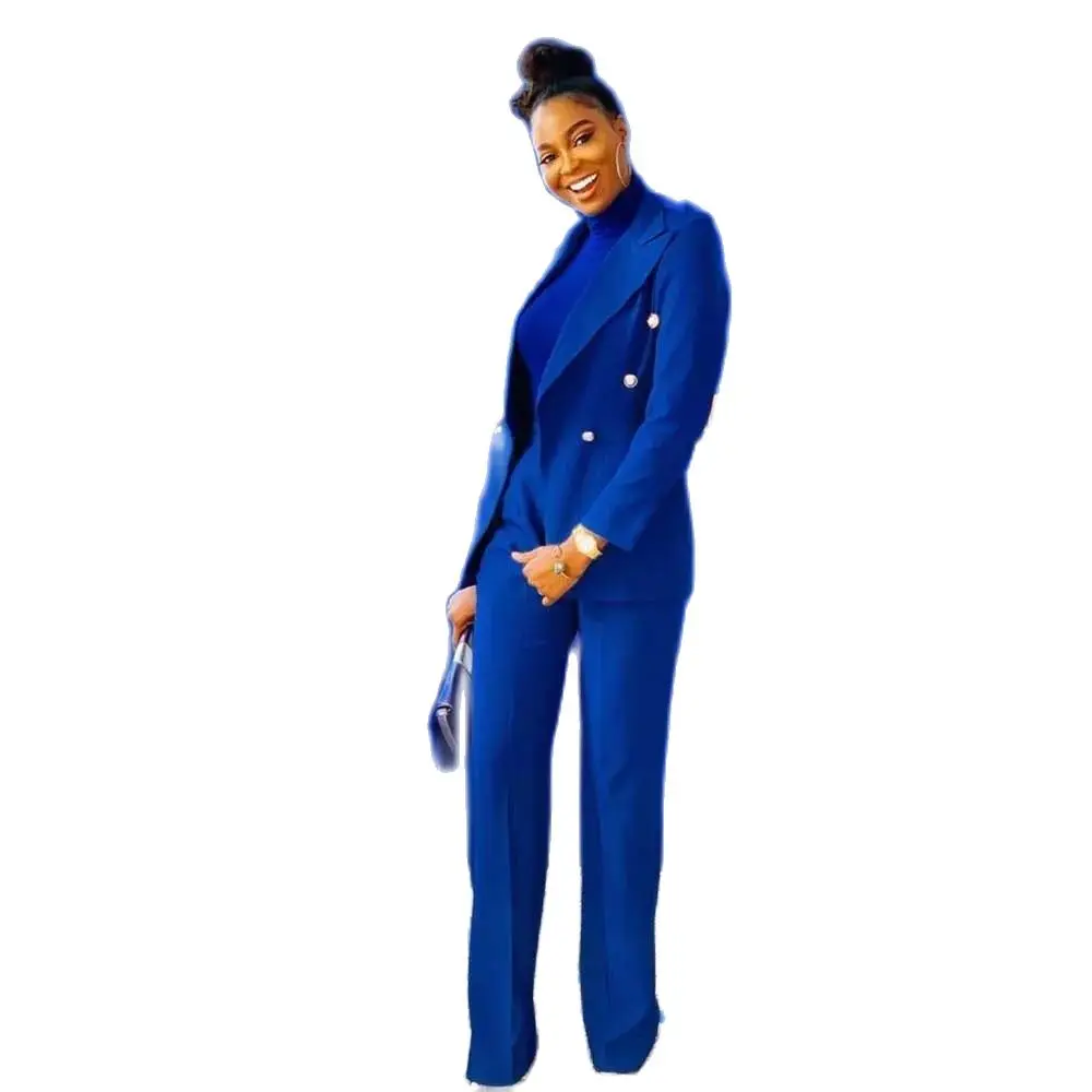 Elegant Blue Women Suits Double Breasted Notch Lapel 2 Piece Jacket Pants Blazer Set Formal Office Lady Slim Fit Female Clothing