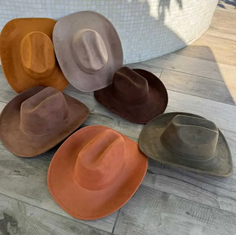 

Western Cowboy Style Unisex Flat Brim Fedora Rolled Brim Panama Hat Vegan Suede Wide Brim Rancher Hat