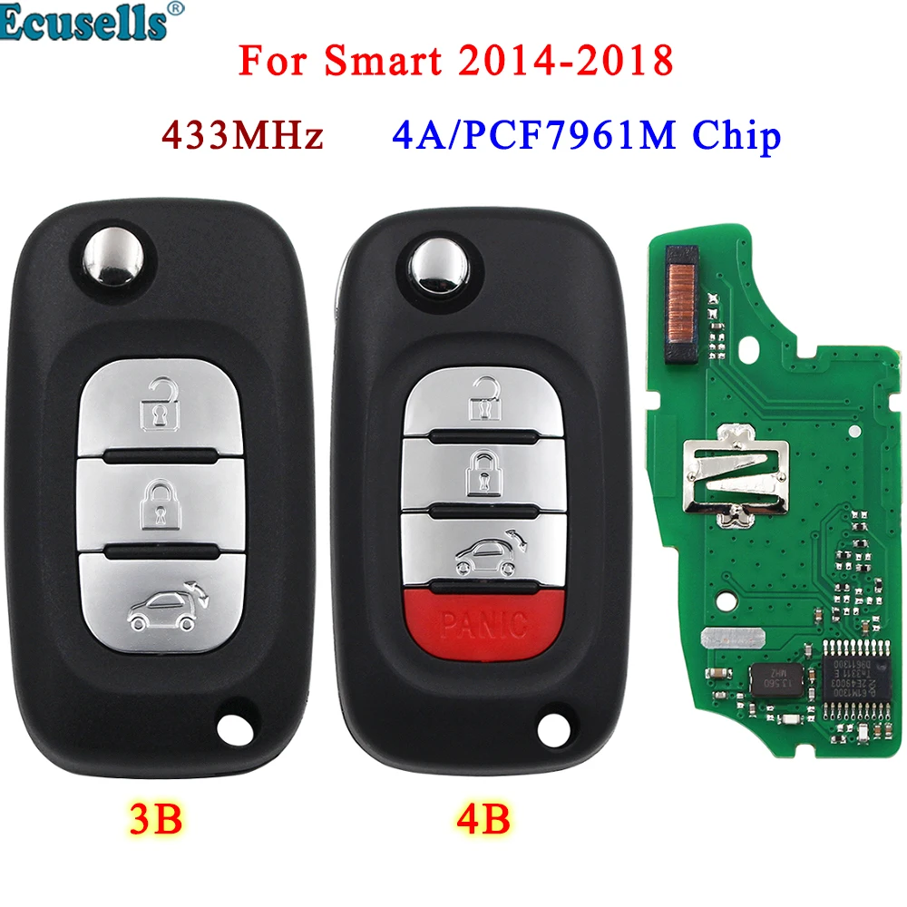 

Ecusells 3/4 Button Flip Remote Smart Car Key Fob 433Mhz 4A PCF7961M Chip for Smart Fortwo 453 Forfour 2014 2015 2016 2017 2018