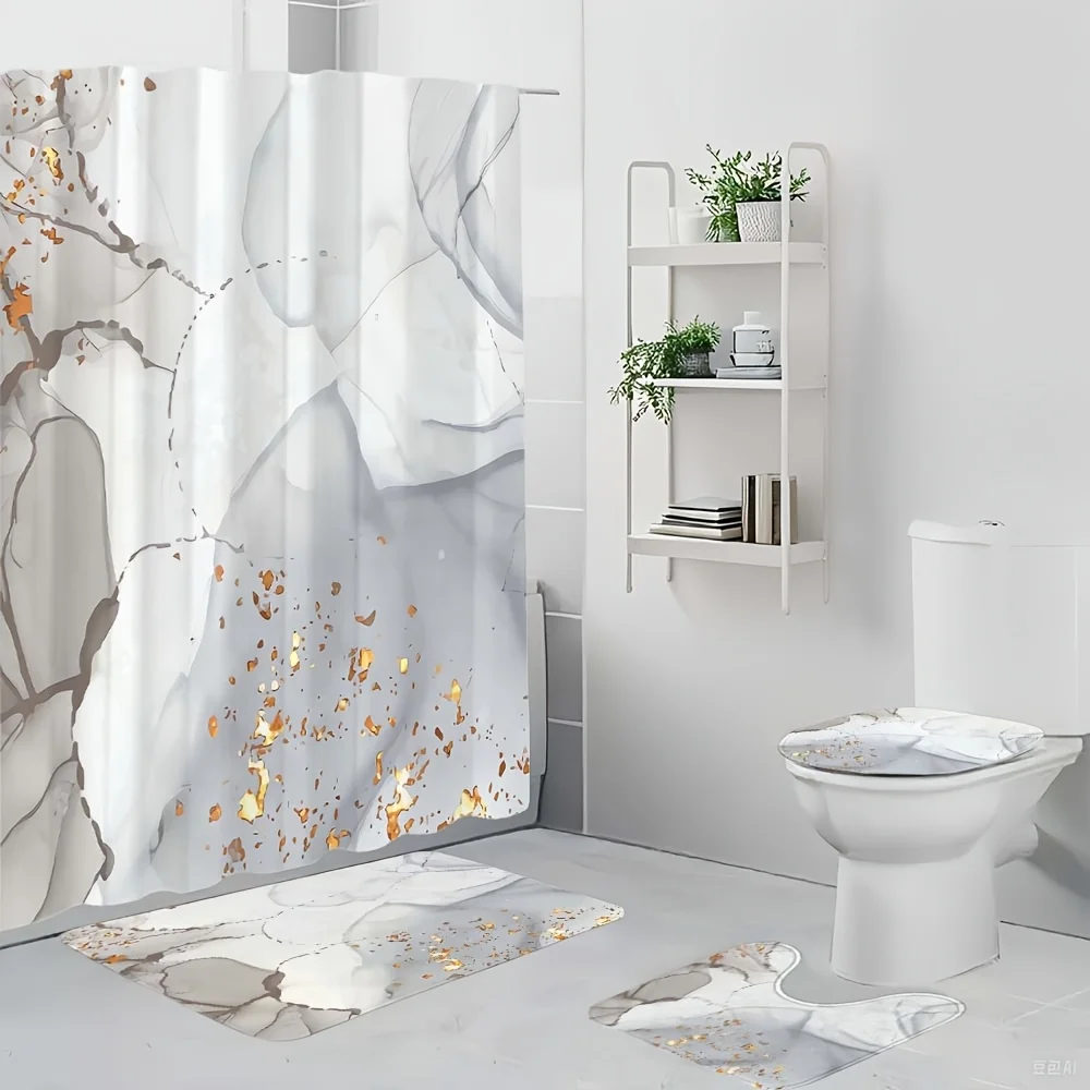 

Набор из 4 мраморных занавесок для душа, занавеска для душа с крючками, нескользящий напольный коврик, U-образный коврик для унитаза, коврик для крышки унитаза