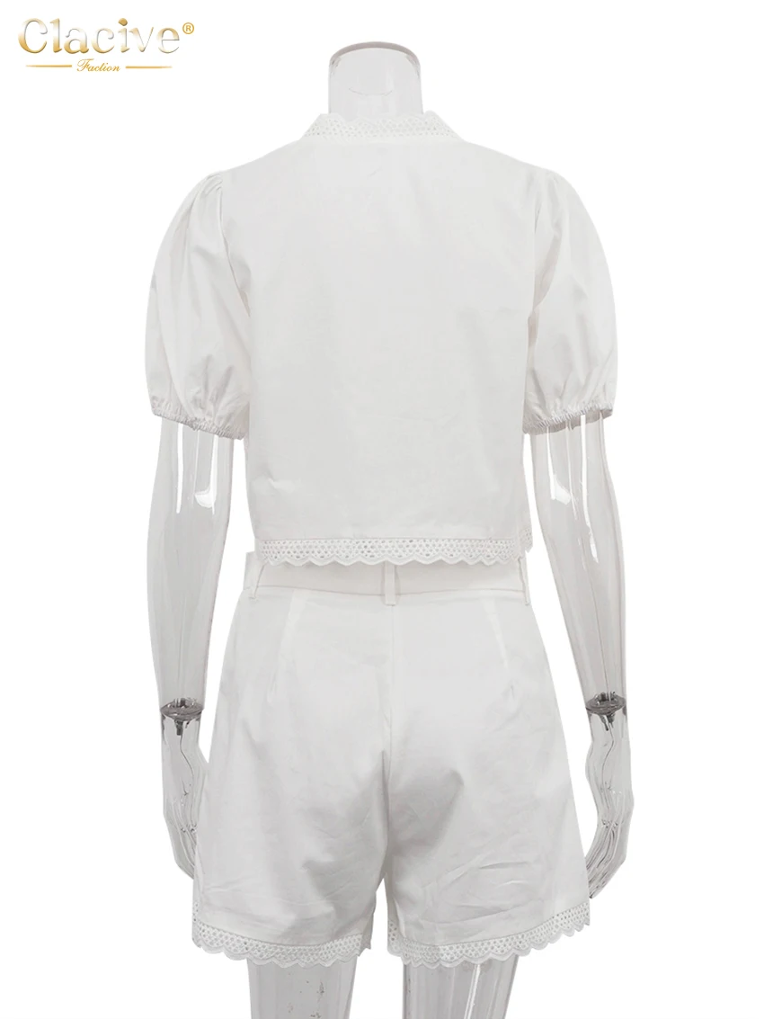 Clacive 여성용 루즈 화이트 코튼 2 피스 세트, 반팔 셔츠, 하이 웨이스트 반바지 세트, 스트리트웨어, 2025 여름 복장