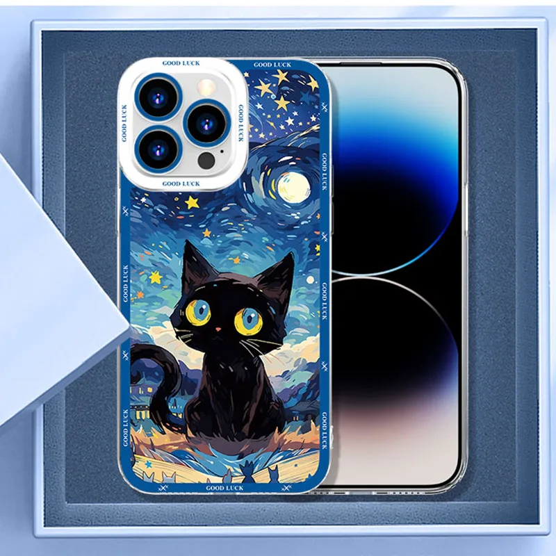 Ins Starry Sky Black Cat Clear Phone Case For Samsung Galaxy S24 S23 S22 S25 Ultra Plus Cover S25+ S22+ S23+ S24+ Shell Fundas