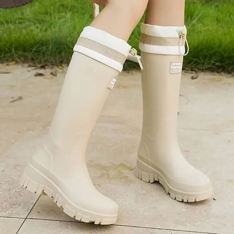 Women Thick sole Knee High Drawstring Rain Boots Spring Autumn New Round Toe High Top Slip On Waterproof Work Shoes Water Shoes
