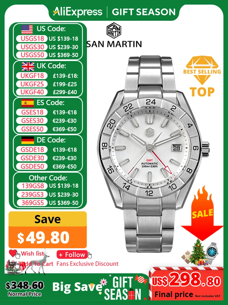 San Martin 42 mm MOP wijzerplaat luxe herenhorloges zakelijk dress horloge NH34 GMT automatisch mechanisch saffier lichtgevend 10 bar SN0130