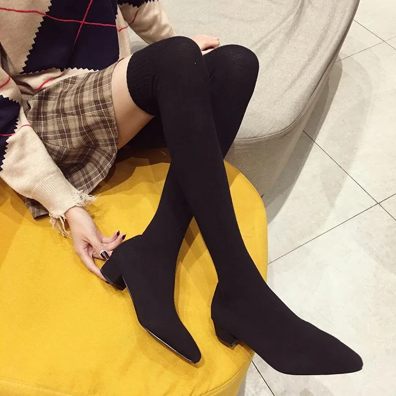 Sexy Pointed Toe Knitting Spring Winter Woman Shoes Black Gray Women\'s Boots Over The Knee Long Sock Boots Botas De Mujer