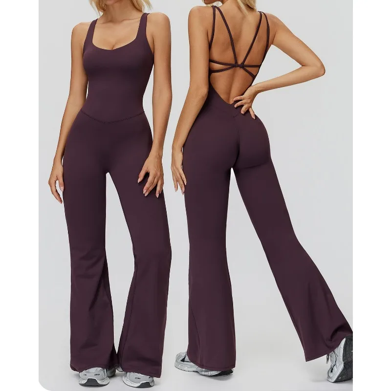 

2026 новая женская полированная одежда для йоги с крестом и красивой спиной, слегка растянутый комбинезон с широкими штанинами, спортивная одежда для бега и фитнеса