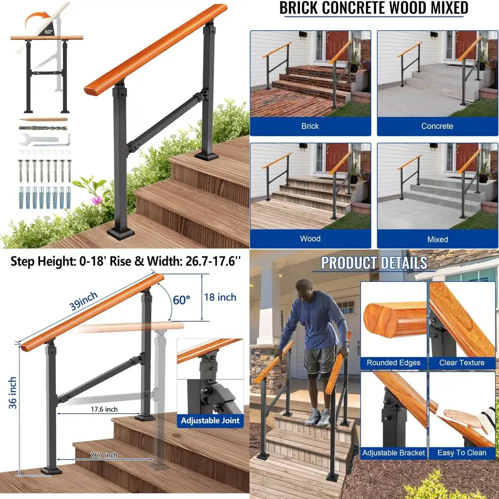 

Stair Handrail Kit for Outdoor Use, Indoor Iron Wood Grain Railing, Suitable for 1-3 Steps, Durable and Stylish Design