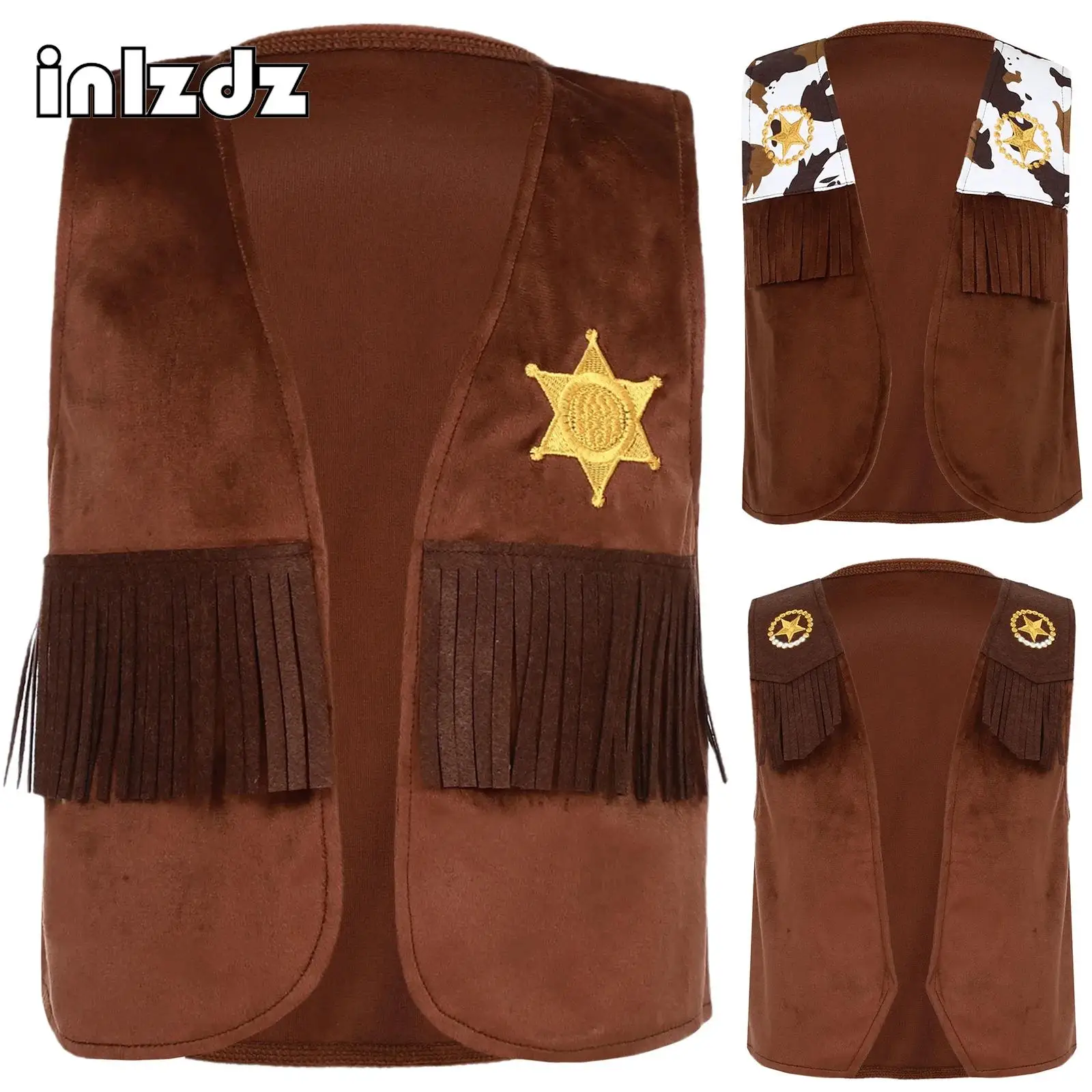 

Baby Boys Girls Halloween Cowboy Cowgirl Cosplay Costumes Open Waistcoat Fringed Star Pattern Vest for Birthday Themed Party