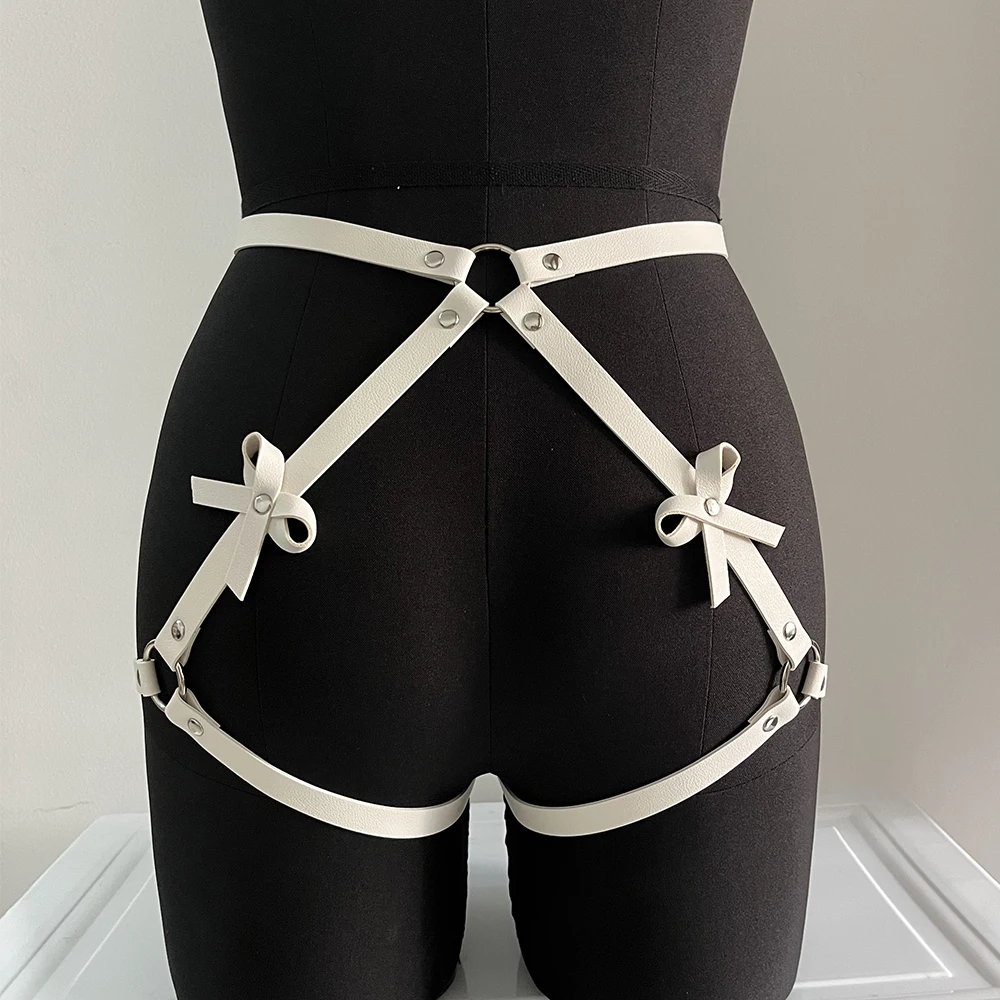 White Garter Belt Bow Thigh Garter Leather Lingerie Body Harness Bondage Suspender Sexy Harness Women Fetish Rave Accessories