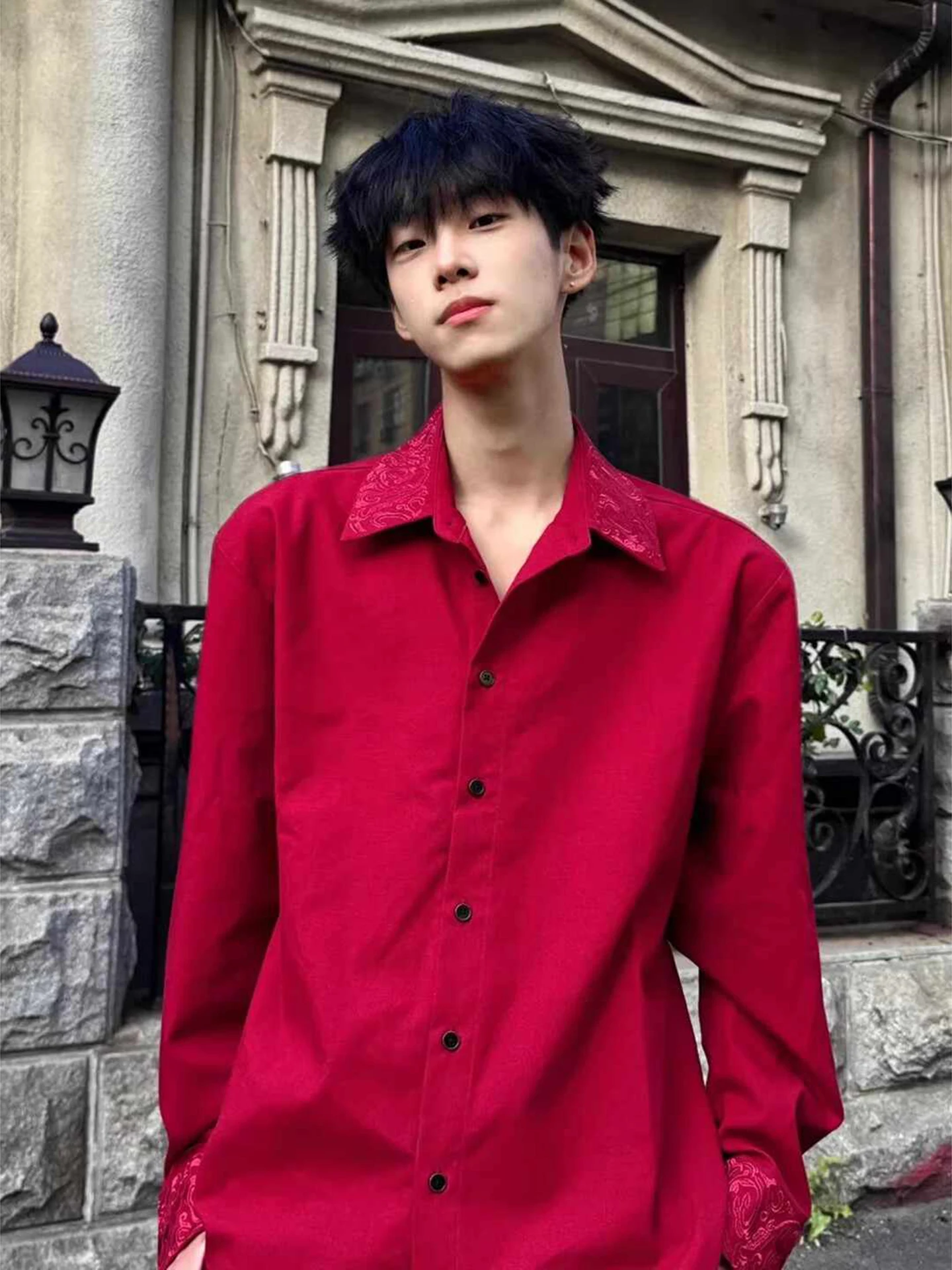 

Red Embroidered Long Sve Loose Fit irt Men's Faion Brand Design Thin Outerwear Casual Sle Cotton Polyester Blend