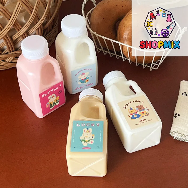 Botella de agua transparente para niños, botella de jugo de plástico, botella de bebida de leche para mascotas con tapa, artículos para beber para acampar y hacer senderismo, 1 ud.