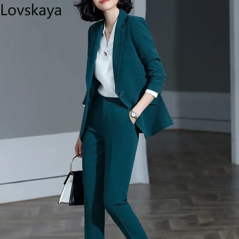 Conjunto de 2 peças de blazer de trabalho formal para mulheres, casaco com calças, terno para carreira, azul escuro vermelho e preto, tamanho