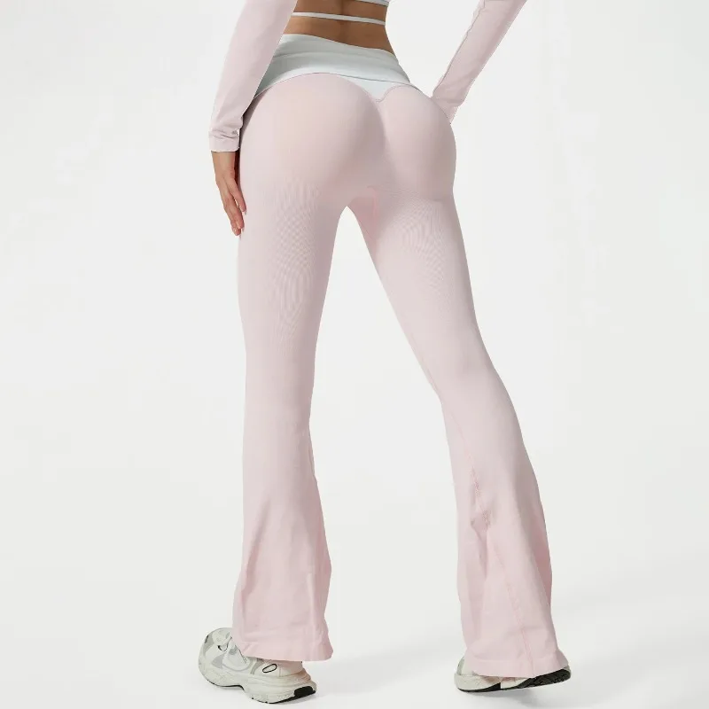 Pantaloni da yoga svasati con cintura pieghevole a blocchi di colore a vita alta senza cuciture da donna Leggings sportivi casual con gamba larga per sollevamento bottino