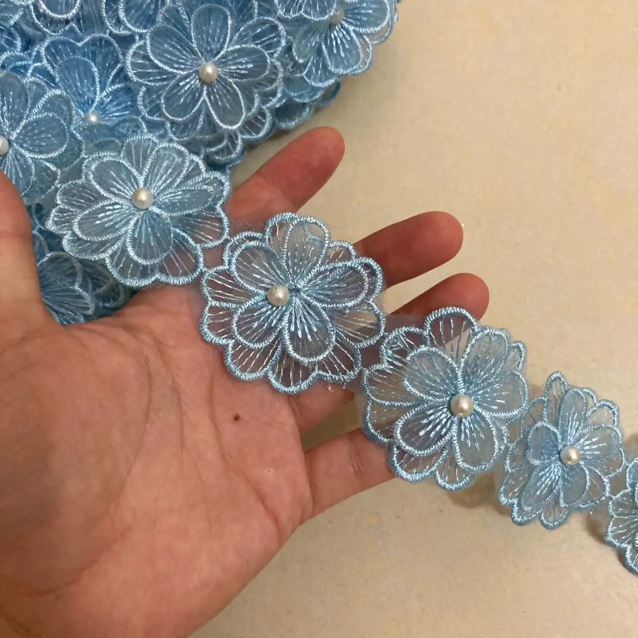 

2 Yard Blue 5CM Pearl Flower DIY Soluble Wedding Lace Trim Knitting Embroidered Handmade Patchwork Ribbon Sewing Supplies Craft