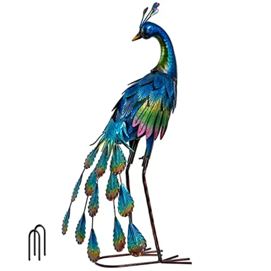 

Outdoor Decor Peacock Yard Art Garden Sculptures and StatuesBlue Small Metal Bird Lawn Ornaments 22.4" Outside Mardi Gras Decor