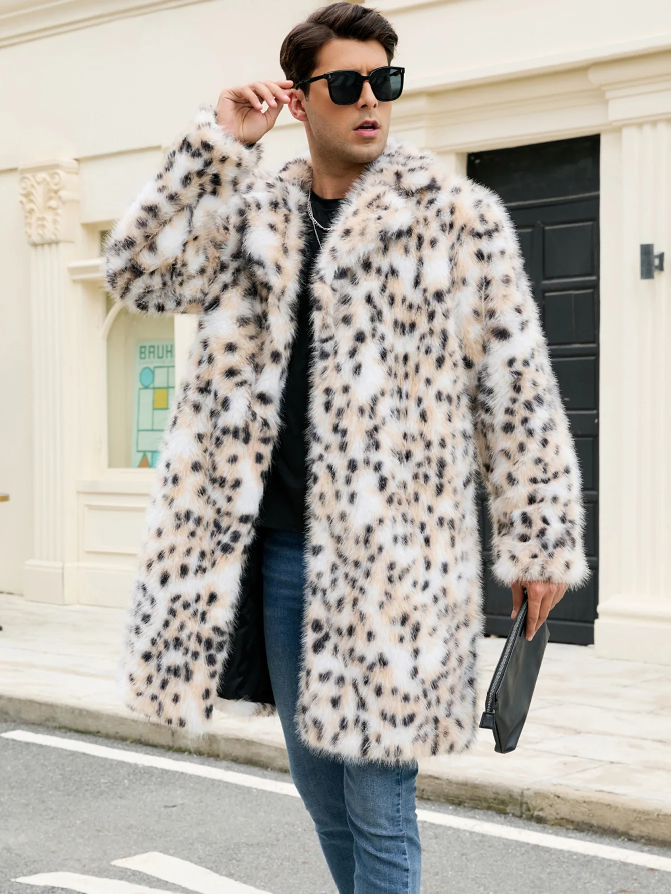A new men's long faux fur coat with over-the-knee leopard print thickened and elegant fur coat