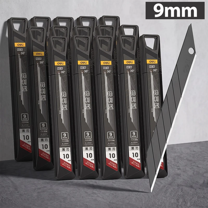 DELI 30° Black Snap-Off Blades 9mm, 0.4mm SK5 Steel Utility Knife Replacement Blades for Vinyl Wrap, Craft & Precision Cutting