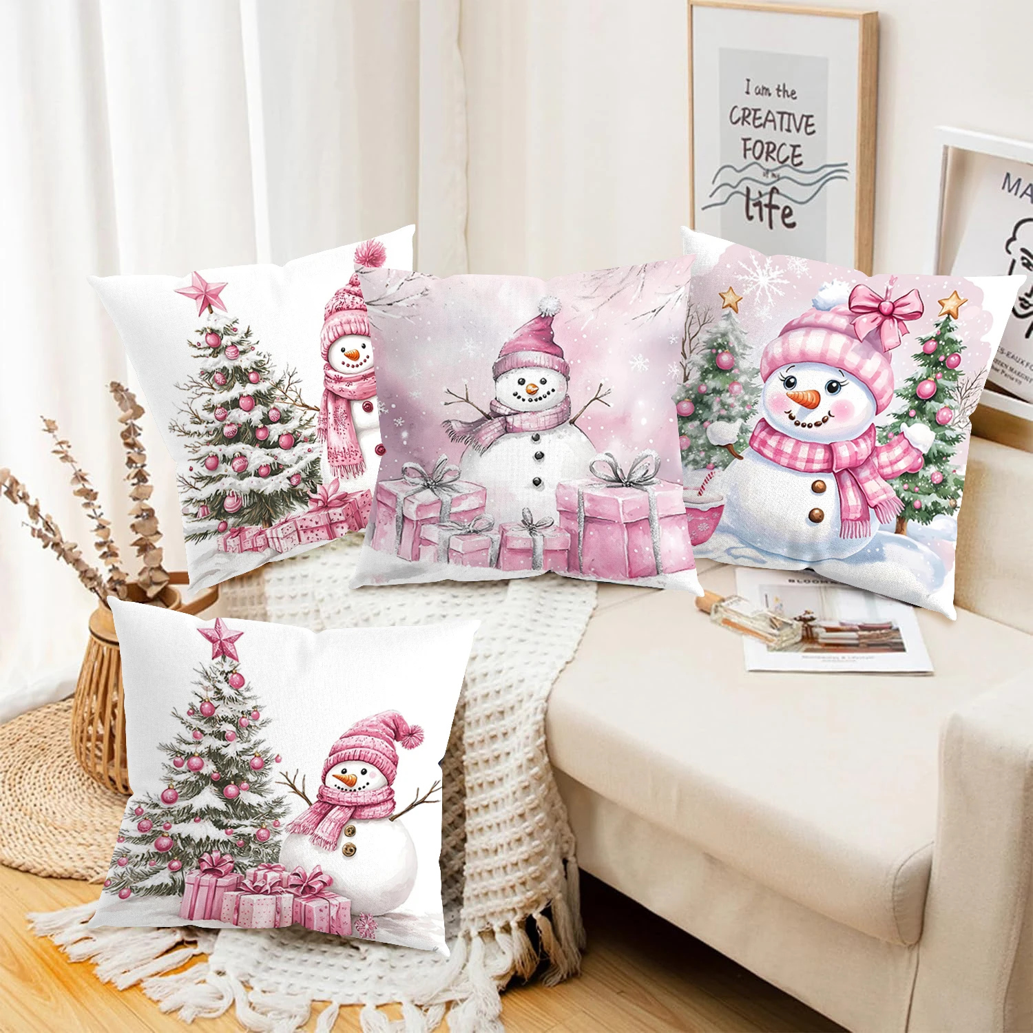 Pink Snowman Christmas Pattern Decorative Cushions Polyester pillowcase, sofa decorative cushion cover, bedside throw pillow