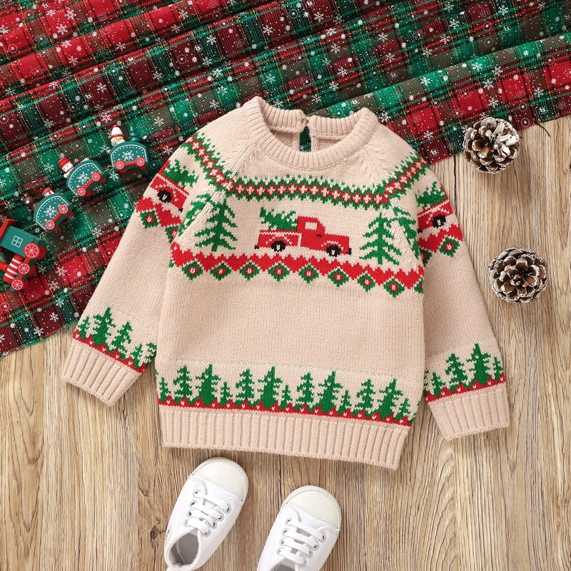 6M-3Y Baby Boy Christmas Sweaters Long Sleeve Button Round Neck Truck Print Knit Pullovers Infant Jumper Tops