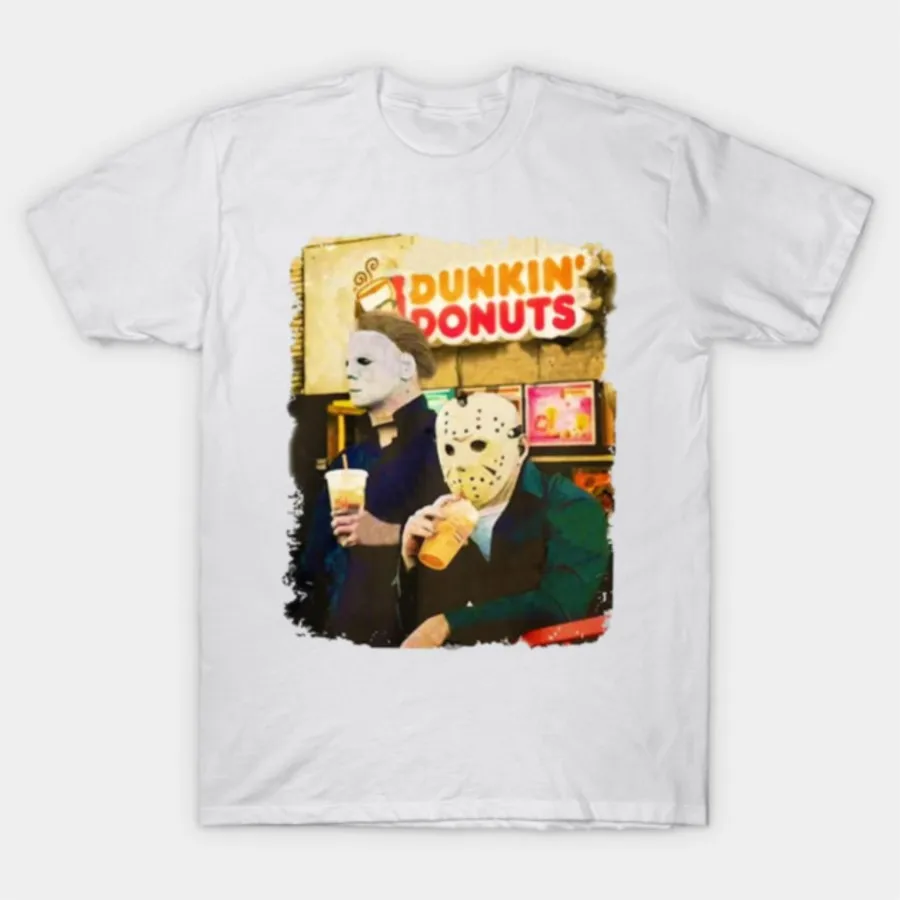 

Забавная футболка Michael Myers and Jason Voorhees Drink Dunkin’ Donuts для мужчин и женщин, футболки из 100% хлопка, топы с короткими рукавами 1013-1