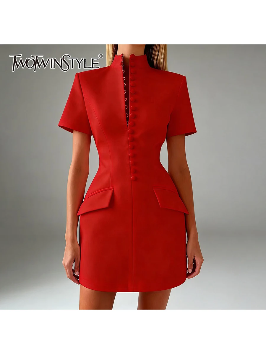 TWOTWINSTYLE Solid Slimming Spliced Single Breasted Minimalist Dresses for Women Stand Neck Short Sleeves Tunic Dress Female New