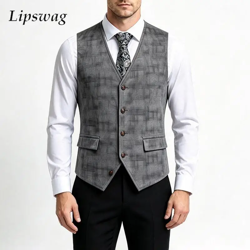 Streetwear Vintage Plaid Print Suede Waistcoat Mens Autumn Warm V Neck Single Breasted Slim Tank Tops Male Daily Outdoor Vests