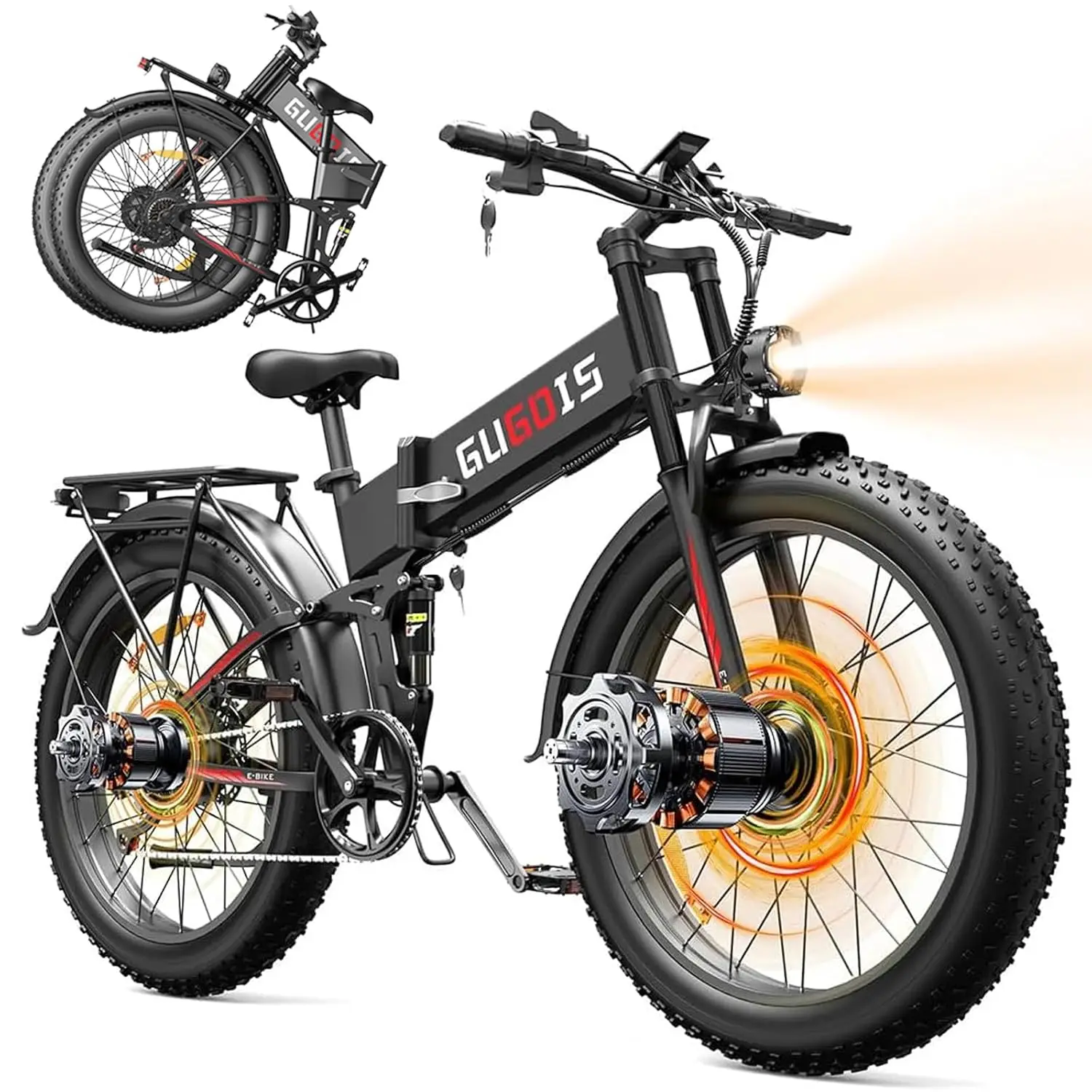 

Custom 3000W Dual Motor Folding Electric Bike, 26" Fat Tire 48V, 35MPH 60Miles All-Terrain Suspension UL Certified