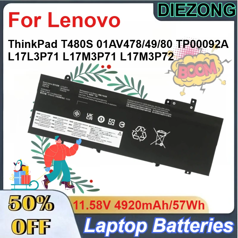 

11.58V 4920mAh/57Wh 01AV478 Laptop Battery for Lenovo ThinkPad T480S 01AV478/49/80 TP00092A L17L3P71 Batteries
