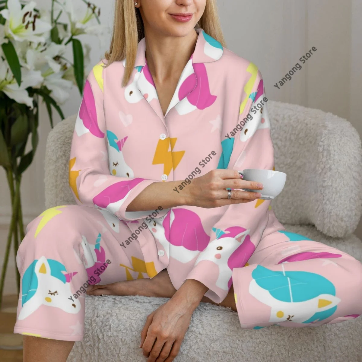 Spring and Autumn Pajama Set Women's Long Sleeve Pants Two Piece Hand Drawn Unicorn With Lightning Pattern Home Furnishing Set