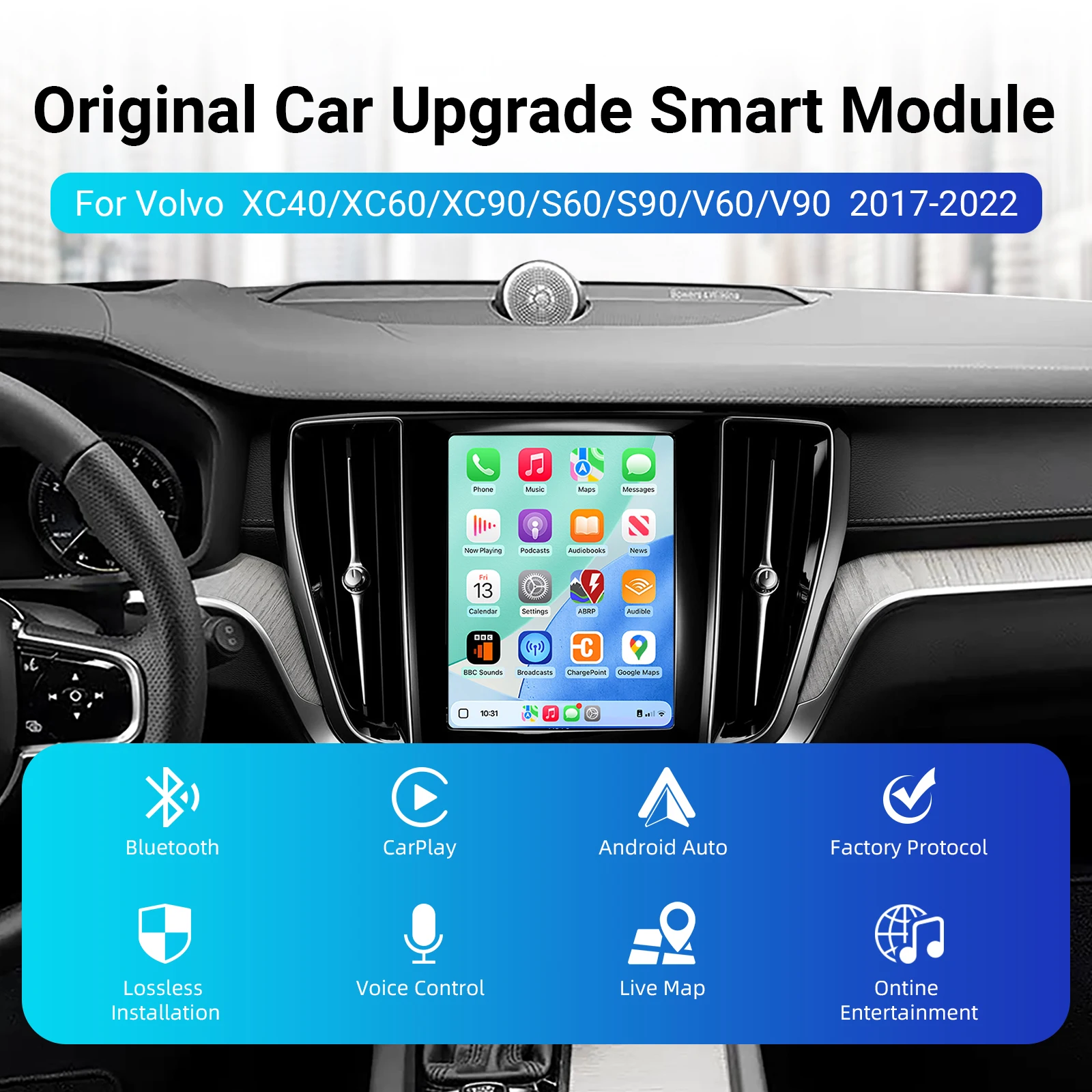 Ezontronics Wireless CarPlay Android Auto retrofit kit decoder box Volvo V60 V90 S60 XC40 XC60 XC90 S60 S90 2017-2022