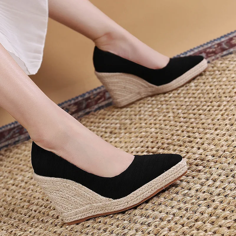 Moranti color 10cm heel shoes women wedges pumps pointed toe platform espadrilles shoes Luxury lady high heel shoes