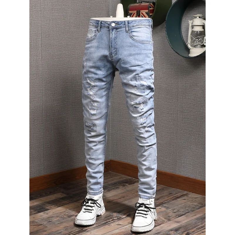 Light colored casual jeans for men, slim fit with small feet and elastic Korean style trendy and versatile casual ripped pants