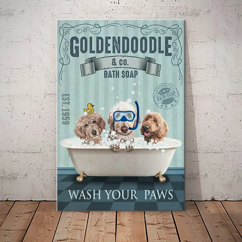 Goldendoodle Dog Bath Soap Wash Your Paws Metal Sign, Bathroom Living Room Home Room Cafe Restaurant Bar Kitchen Decoration