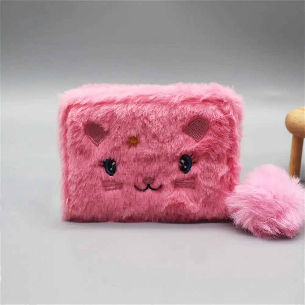 Draagbare geborduurde korte rits portemonnee pluche kasjmier schattig katje portemonnee clutch dames