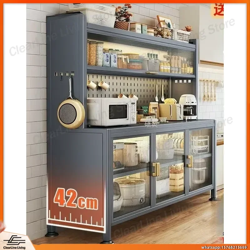 Kitchen Floor Standing Closed Shelf Cabinet Wrought Iron Sideboard Storage Cabinet for Dishes Pots Cookware Multifunctional